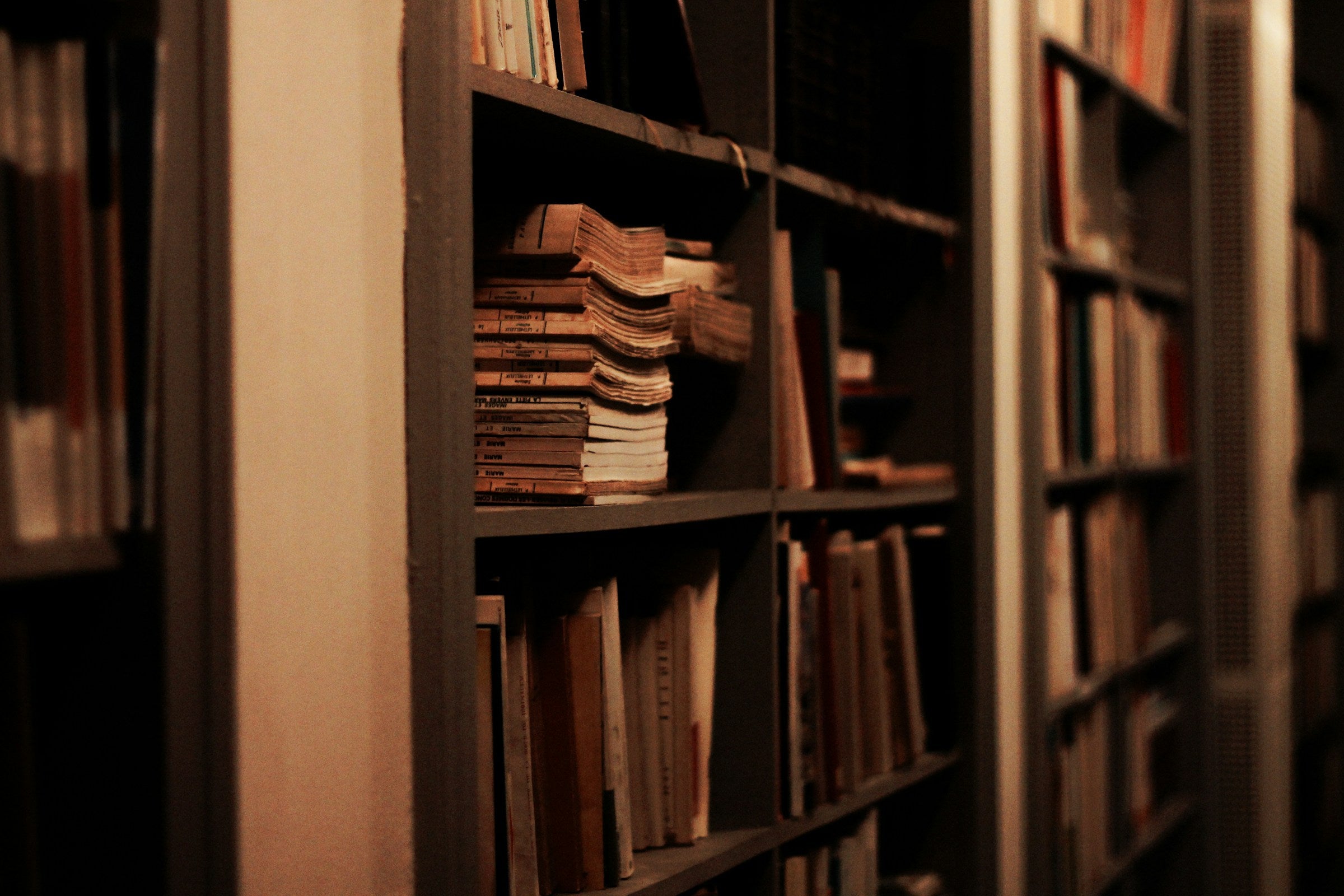 Bookshelf stacked with documents and files
