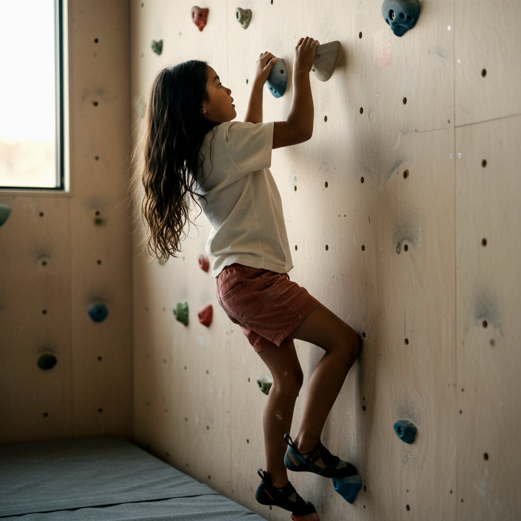 A child climbing on a climbing wall in a relax fit Albor t-shirt.