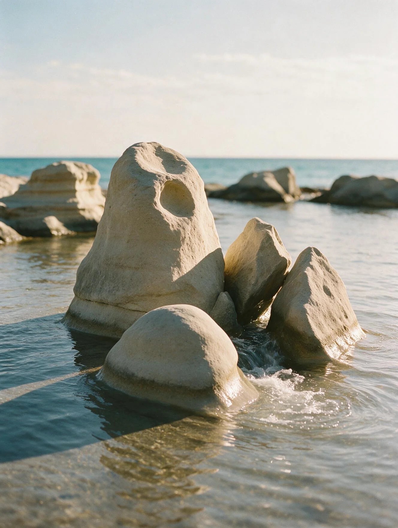 A cluster of limestone rocks at low tide in a Mediterranean cove, sculpted by centuries of sea.