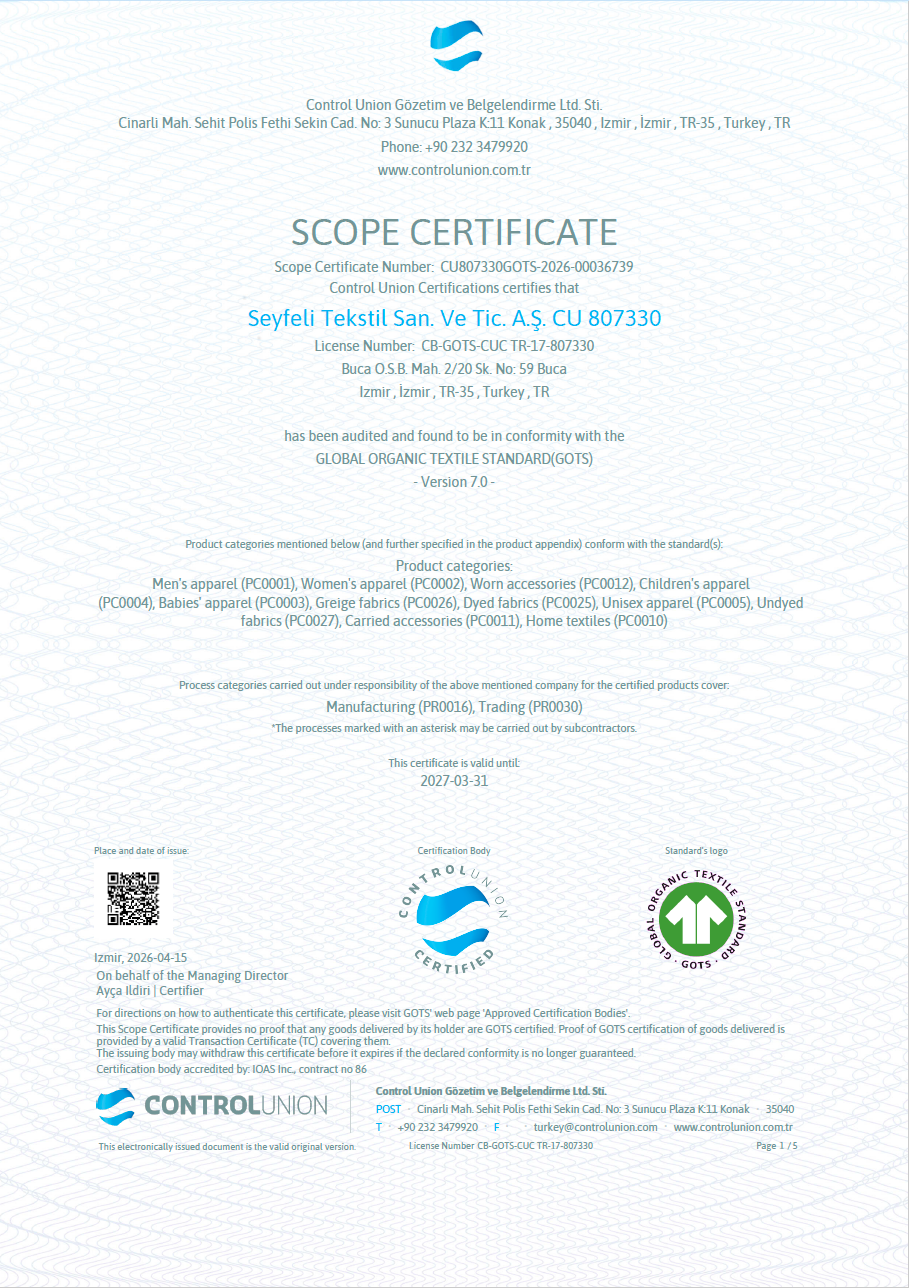 Supplier GOTS certificate image.