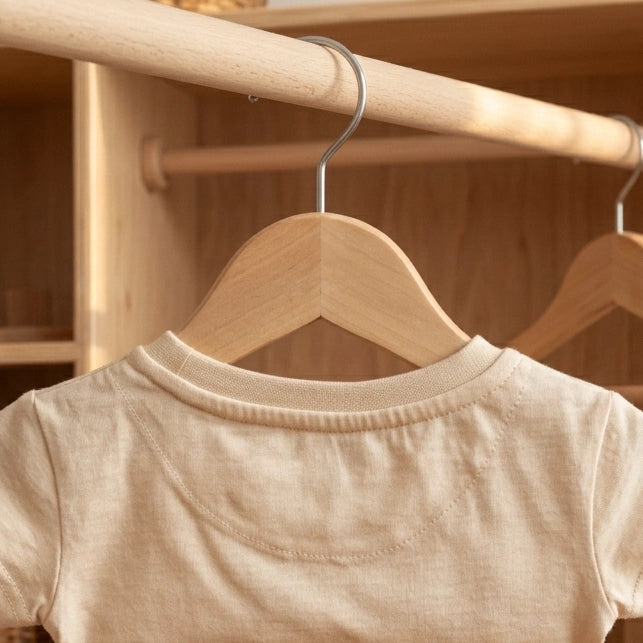 A t-shirth hanging gently on a wardrobe.