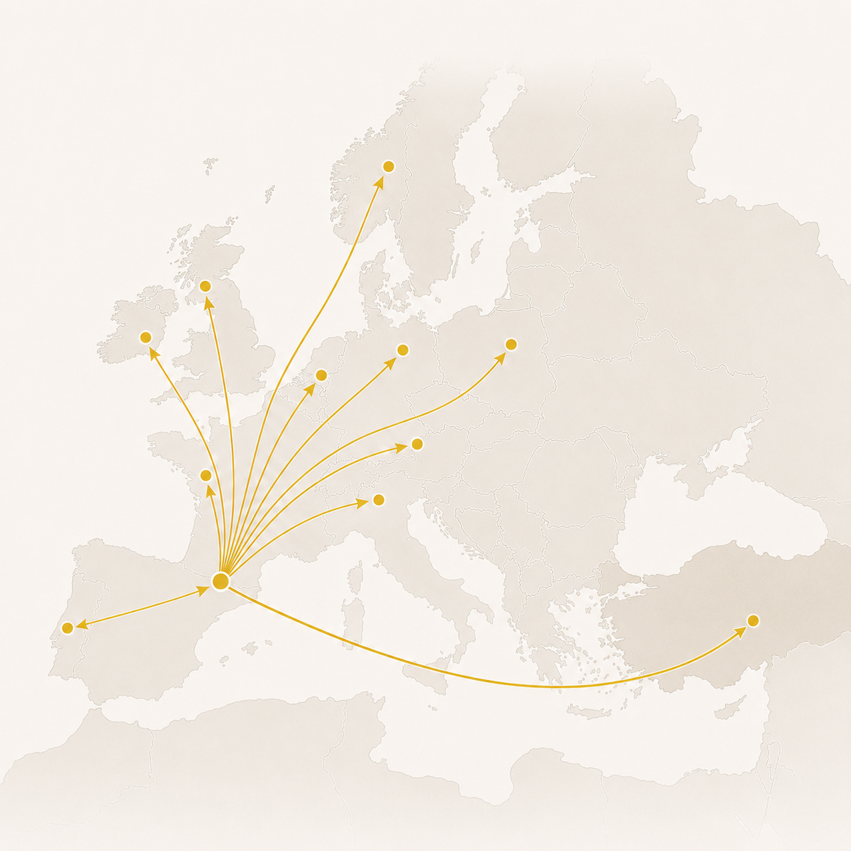 A map showing Albor's route: made in Türkiye, shipped across the EU from Spain.