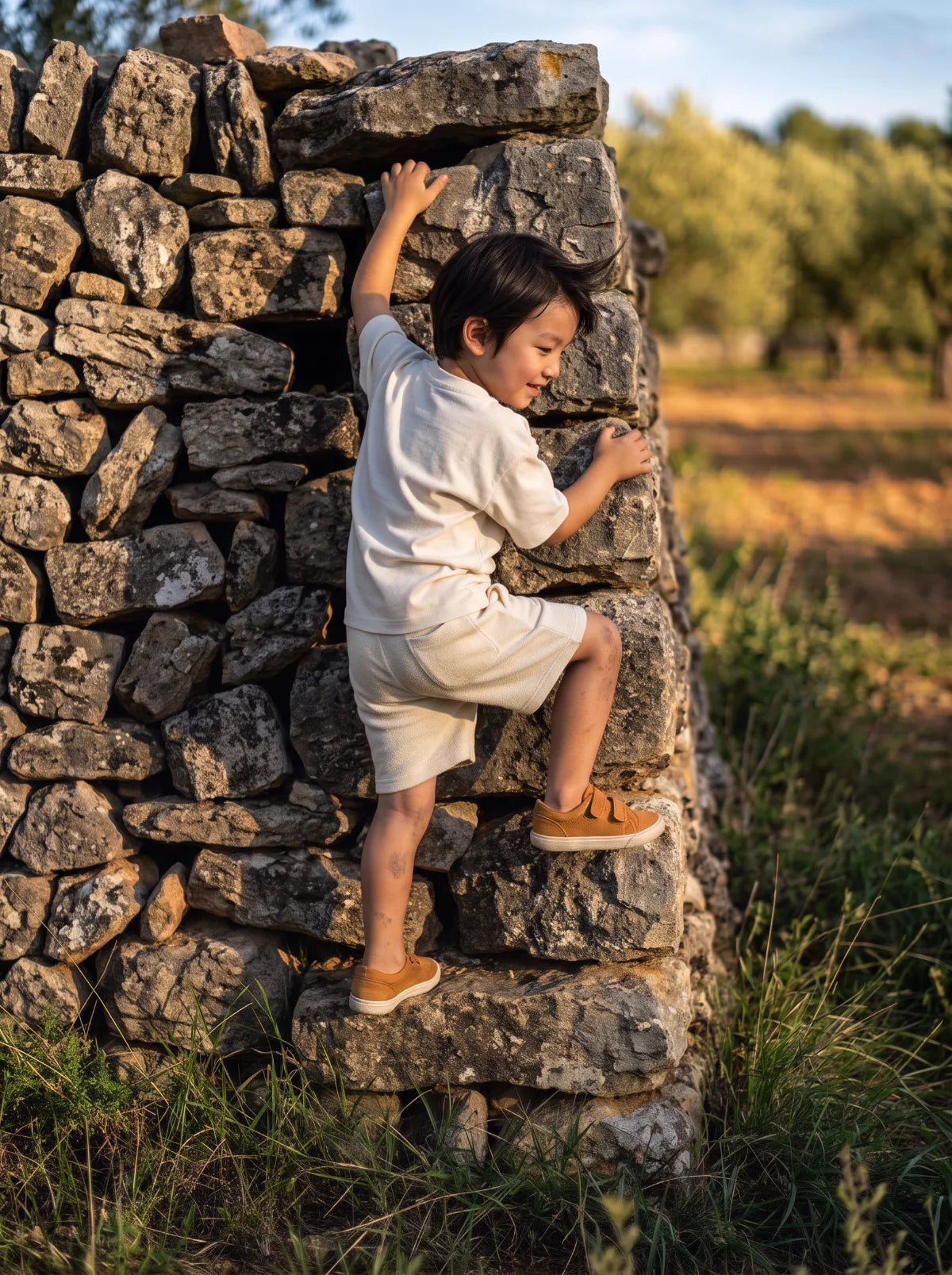 A child climbing a dry-stone corner, one foot mid-air.