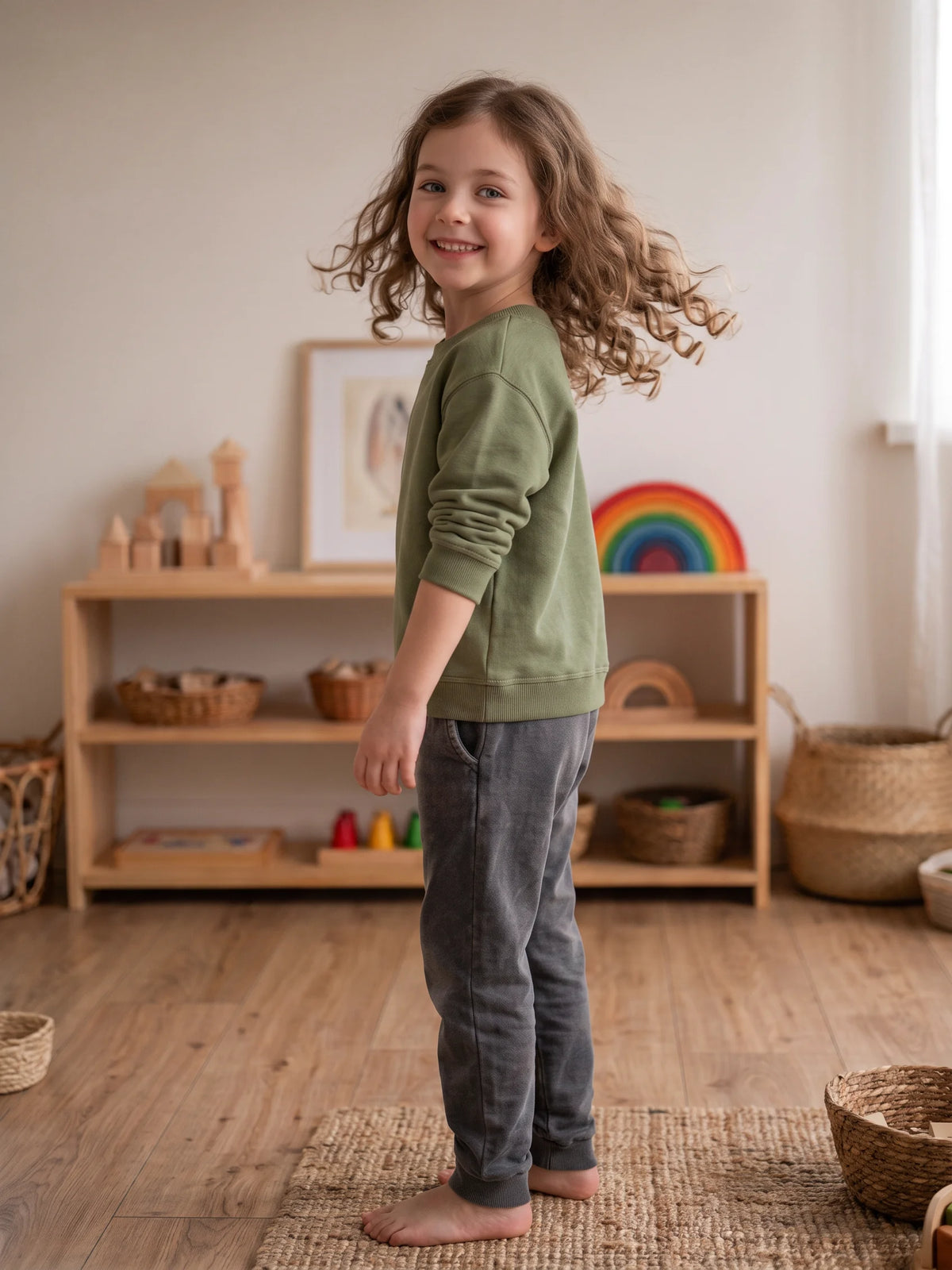 A young child turning mid-step, the hem of a  Albor sweatshirt swinging behind them.