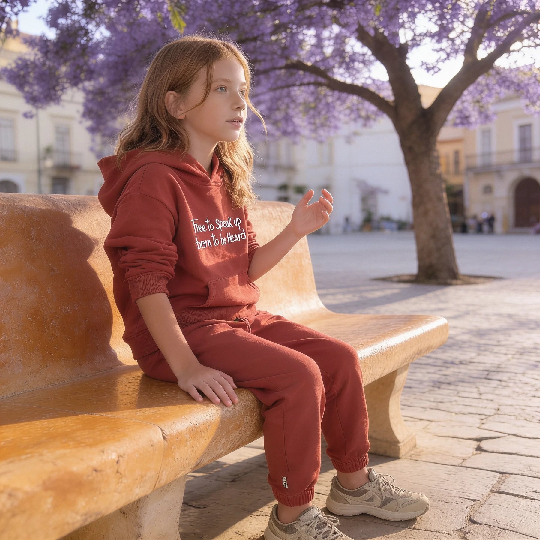 A child sitting on a stone bench in a Mediterranean plaza, mid-sentence, talking to someone outside the frame.