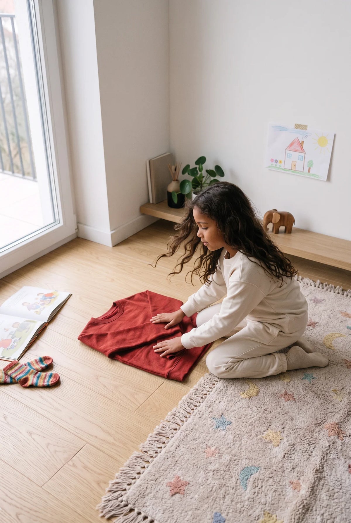 A child sitting on the floor, carefully folding a smaller sweatshirt.