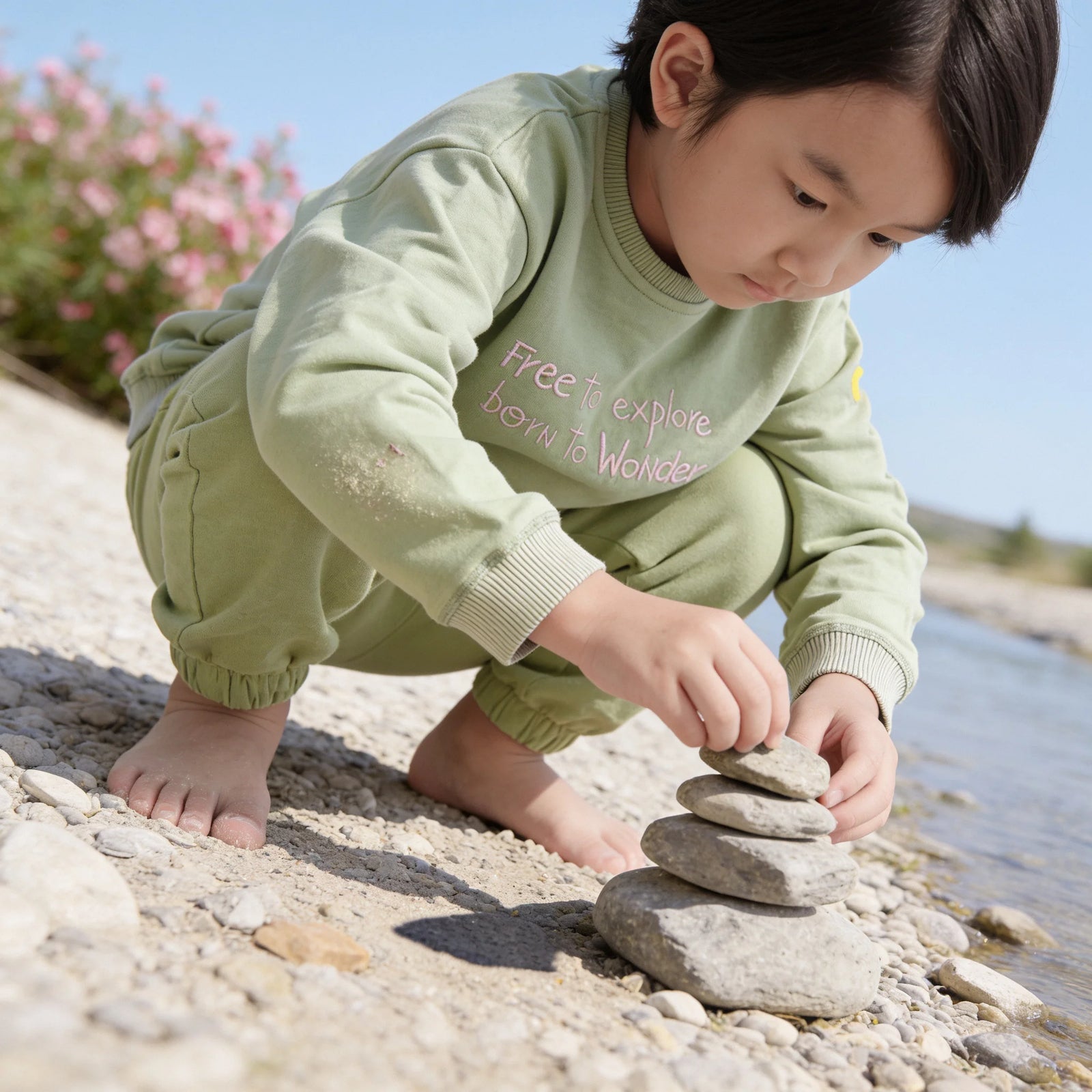 A child squatting on the bank of a dry Mediterranean stream, stackingflat stones into a small cairn.