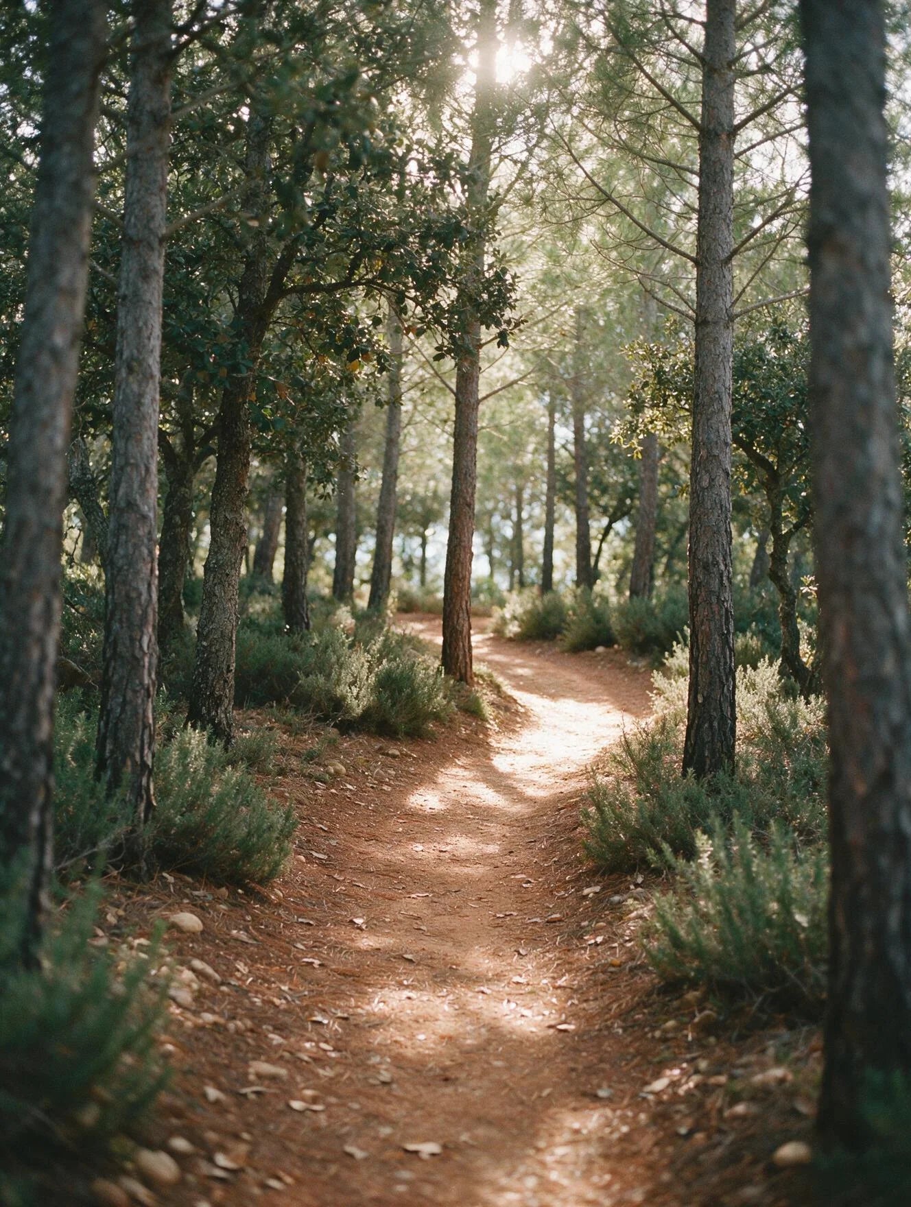 A narrow earthen path curving into a Mediterranean pine and holm-oak forest, disappearing around a bend.