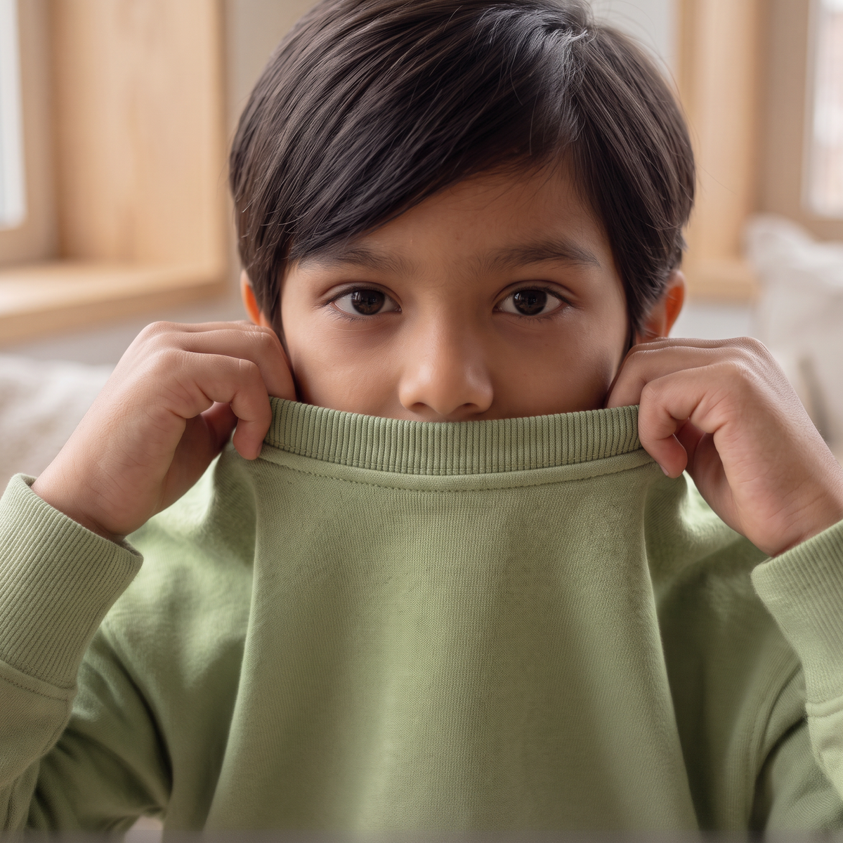 A child's head emerging through the neck of an Albor sweatshirt as they dress themselves.
