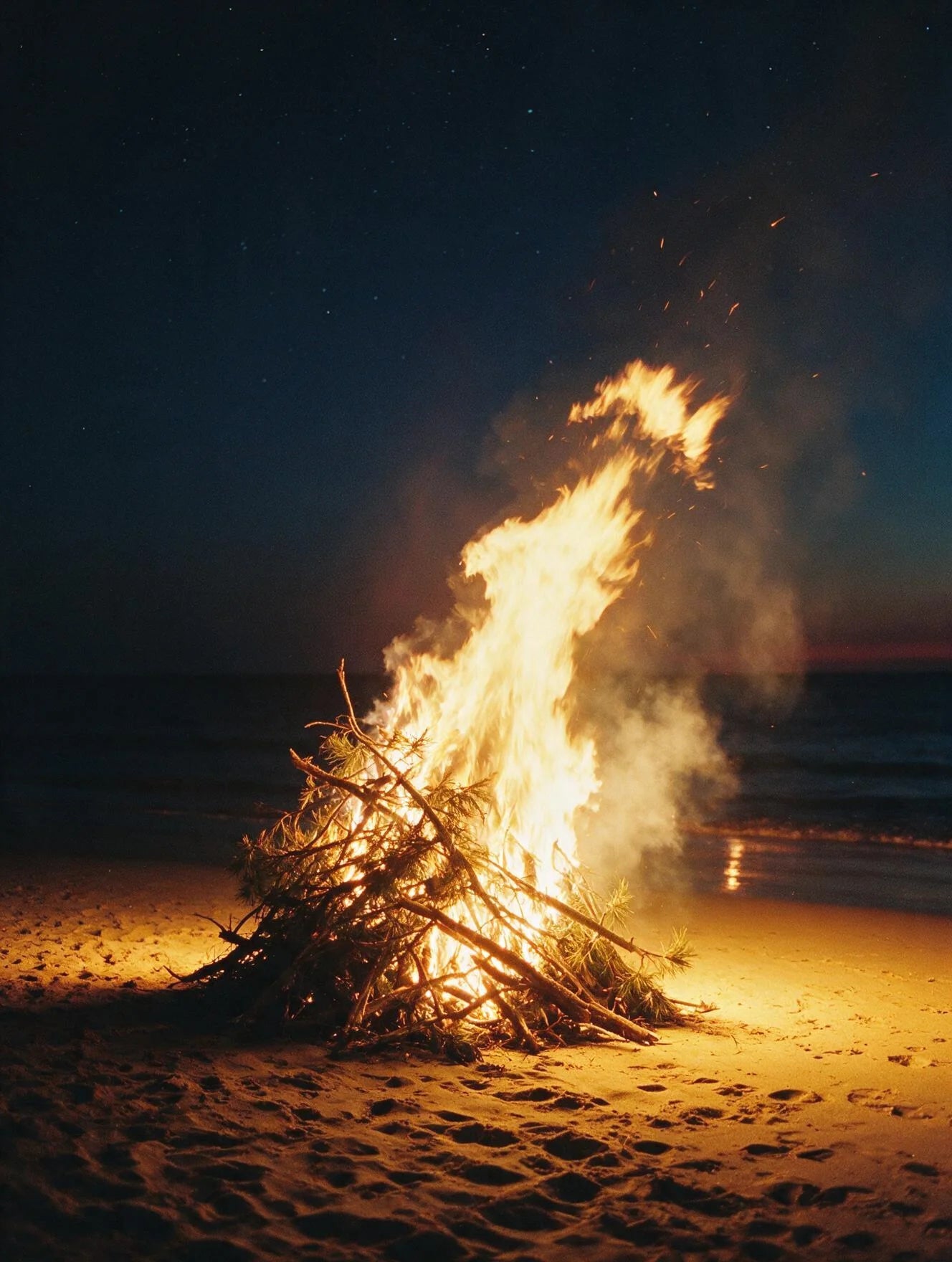 A Sant Joan bonfire burning on the sand of a Mediterranean beach at midnight.